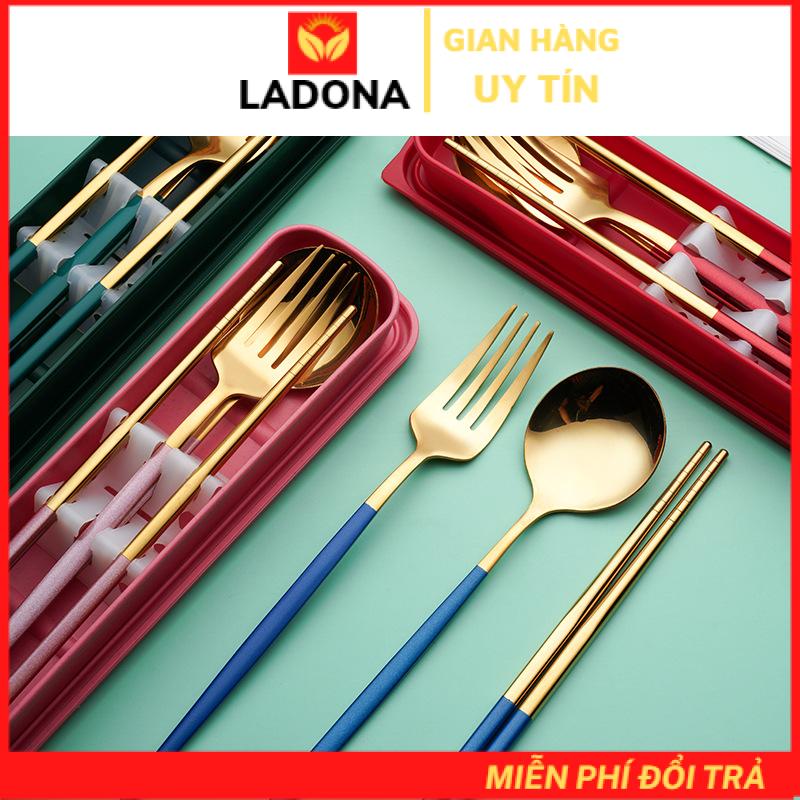 Bộ Muỗng Đũa Nĩa Thìa Inox 304 Cá Nhân Cơm Trưa Văn Phòng Dã Ngoại Phủ Bóng Sang Trọng LADONA MD1