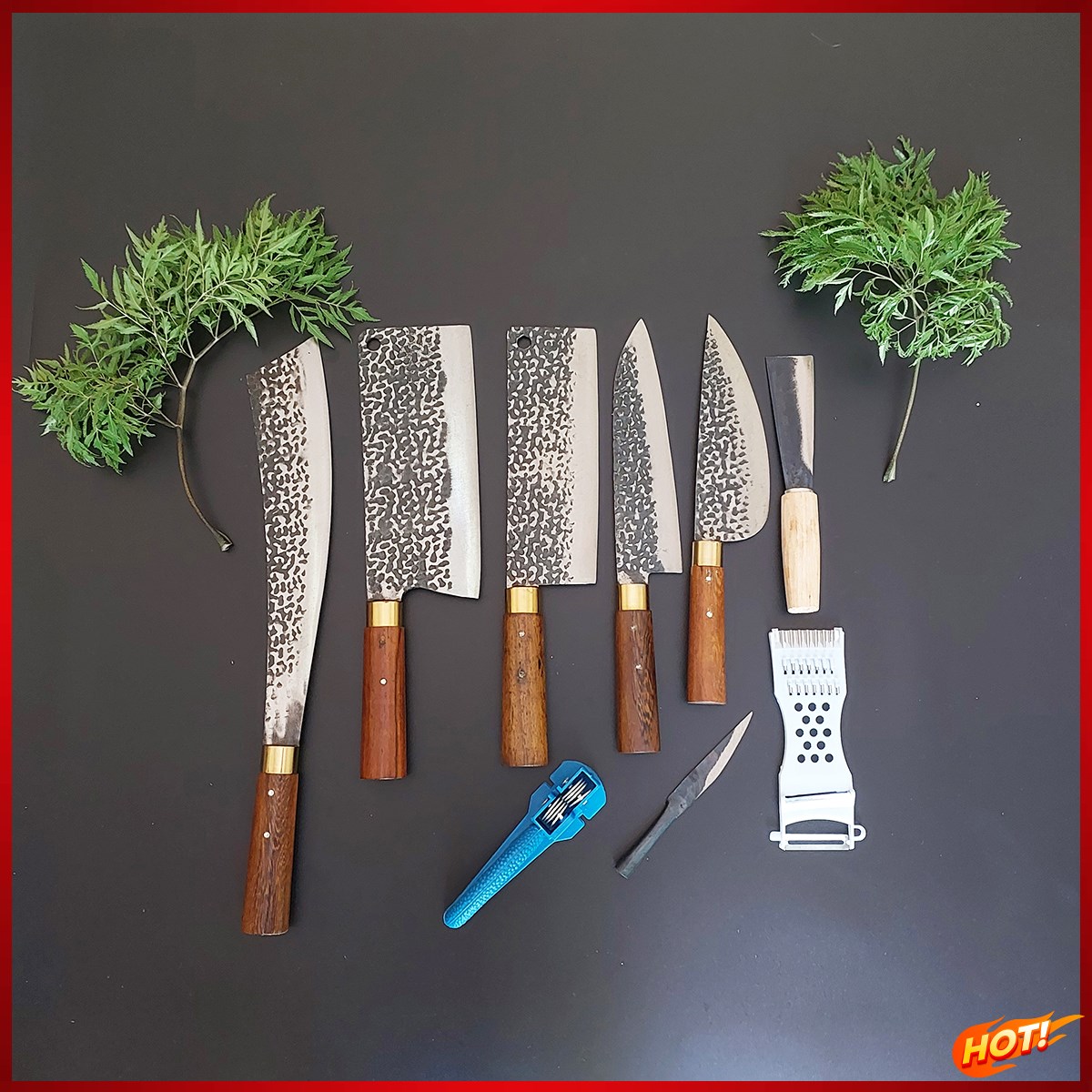 Bộ dao nhà bếp rèn thủ công từ thép nhíp xe nga cao cấp