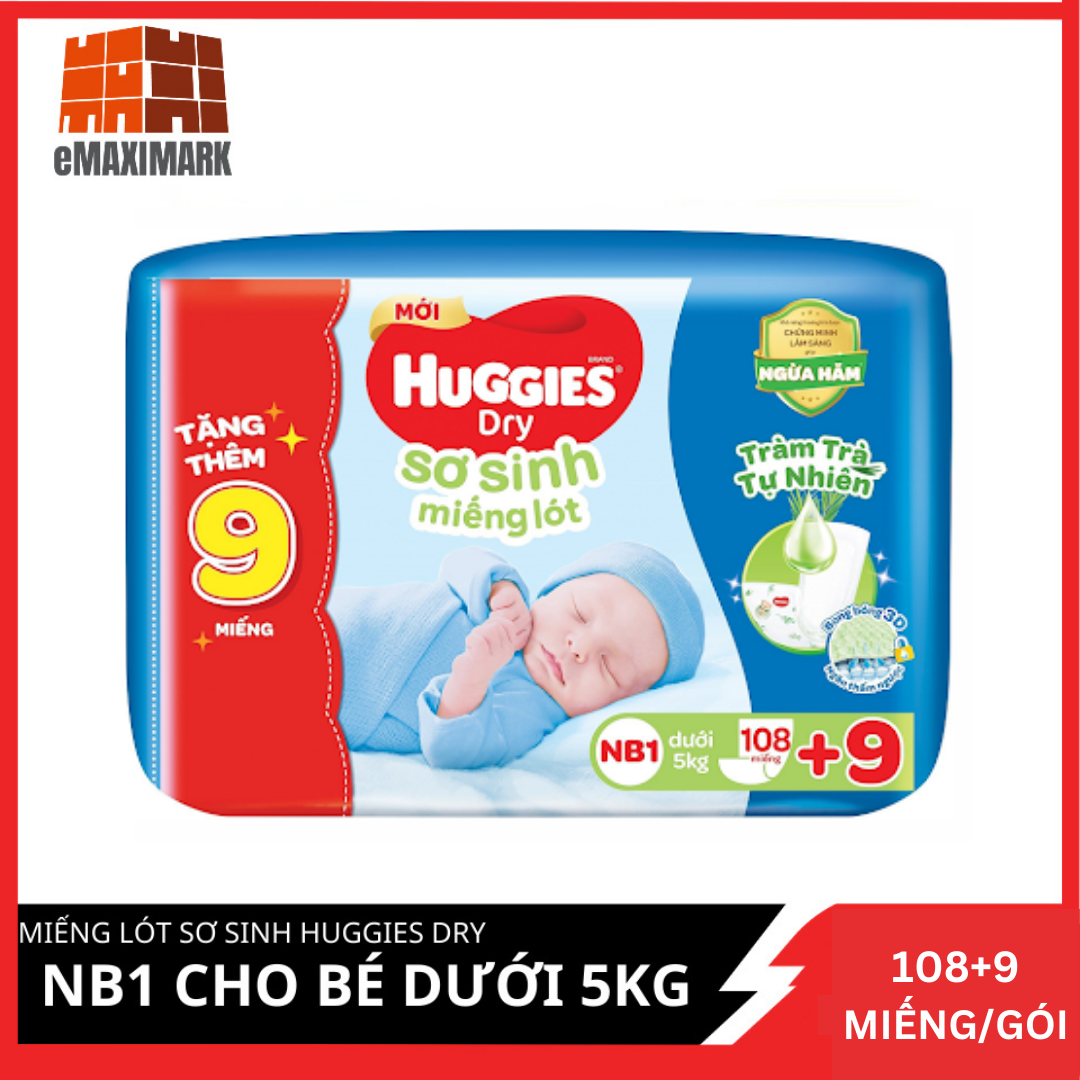 [HCM ship 2h] Miếng lót sơ sinh Huggies Dry size NB1 108+9 miếng (cho bé dưới 5kg)