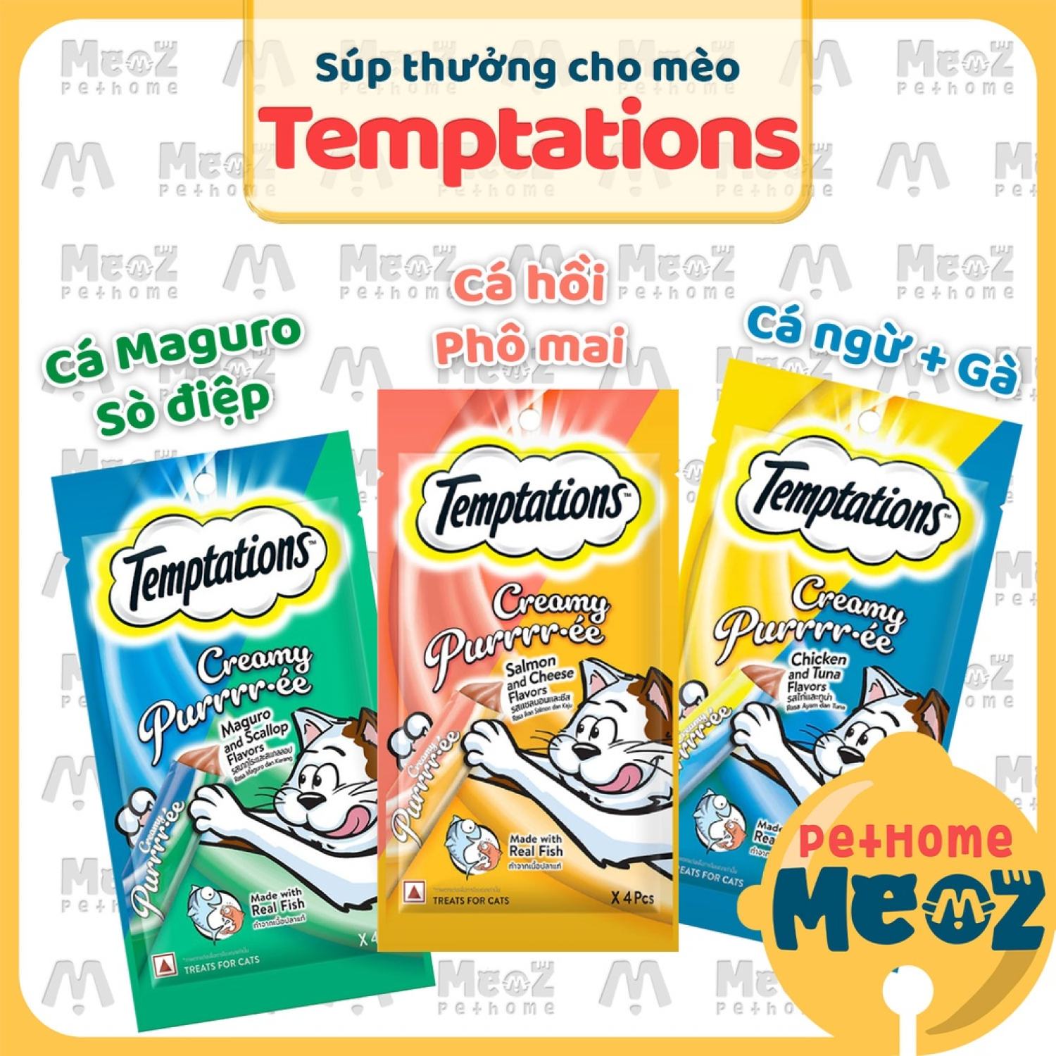 New Súp thưởng mèo Temptations Creamy Puree Cat Treats 12g x 4 thanh Meoz