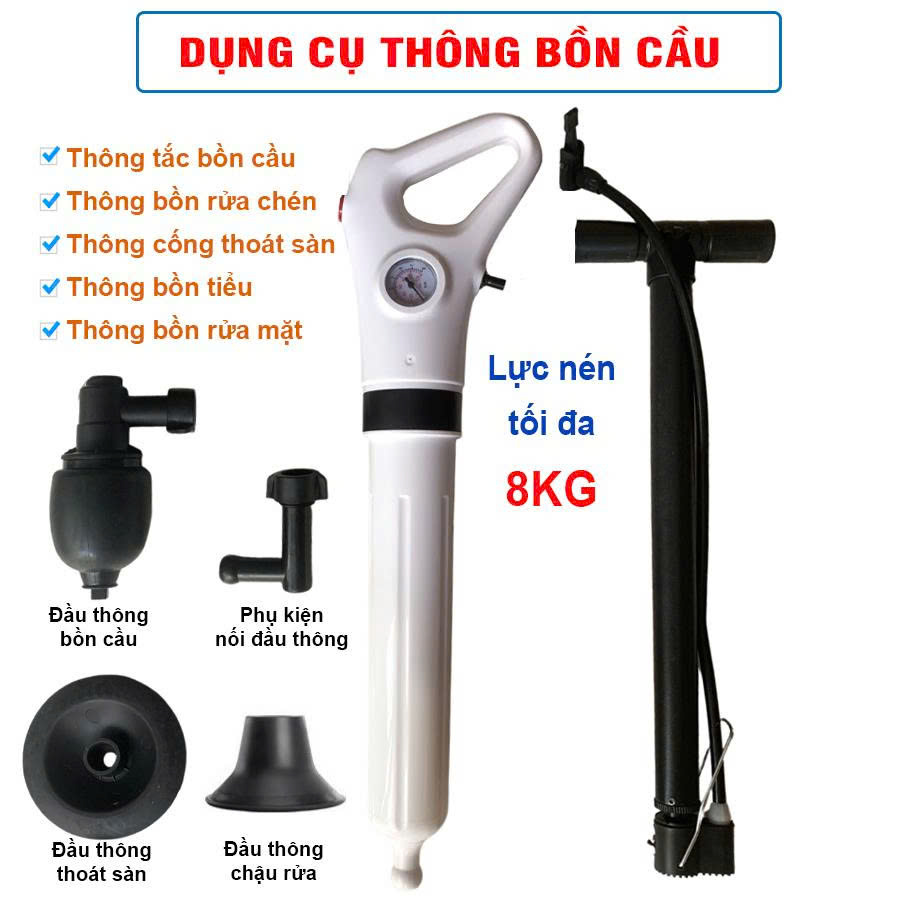 Súng Thông Bồn Cầu Bơm Hơi Tự Động, Thông Tắc Chậu Rửa Bát, Bồn Tắm - Khí Nén AGT Cực Mạnh 8kg, Tặng kèm Bơm