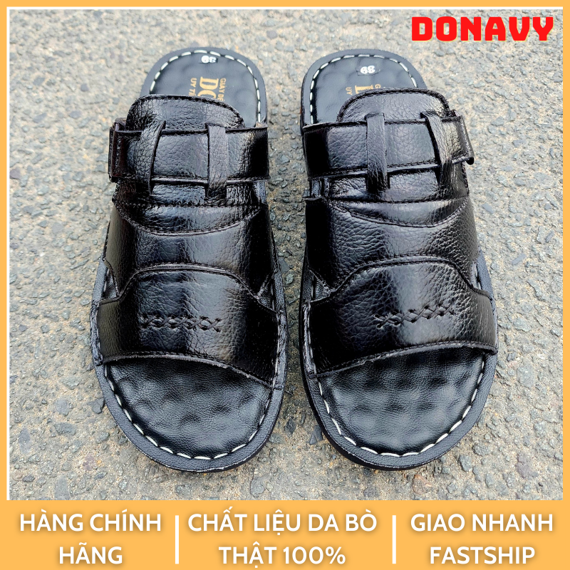 Dép Nam Quai Ngang Da Bò Thật 100% In Chữ DONAVY Thời Trang Trẻ Trung Đế Bằng Khâu Viền Có Miếng Lót Massage  Mang Êm Chân D.MSK
