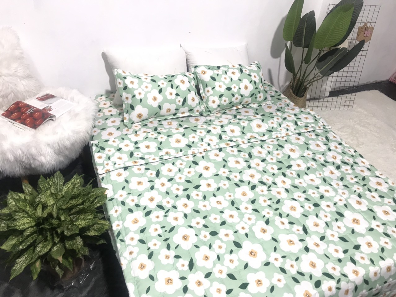 Set ga gối mẫu hoa nền xanh chm1