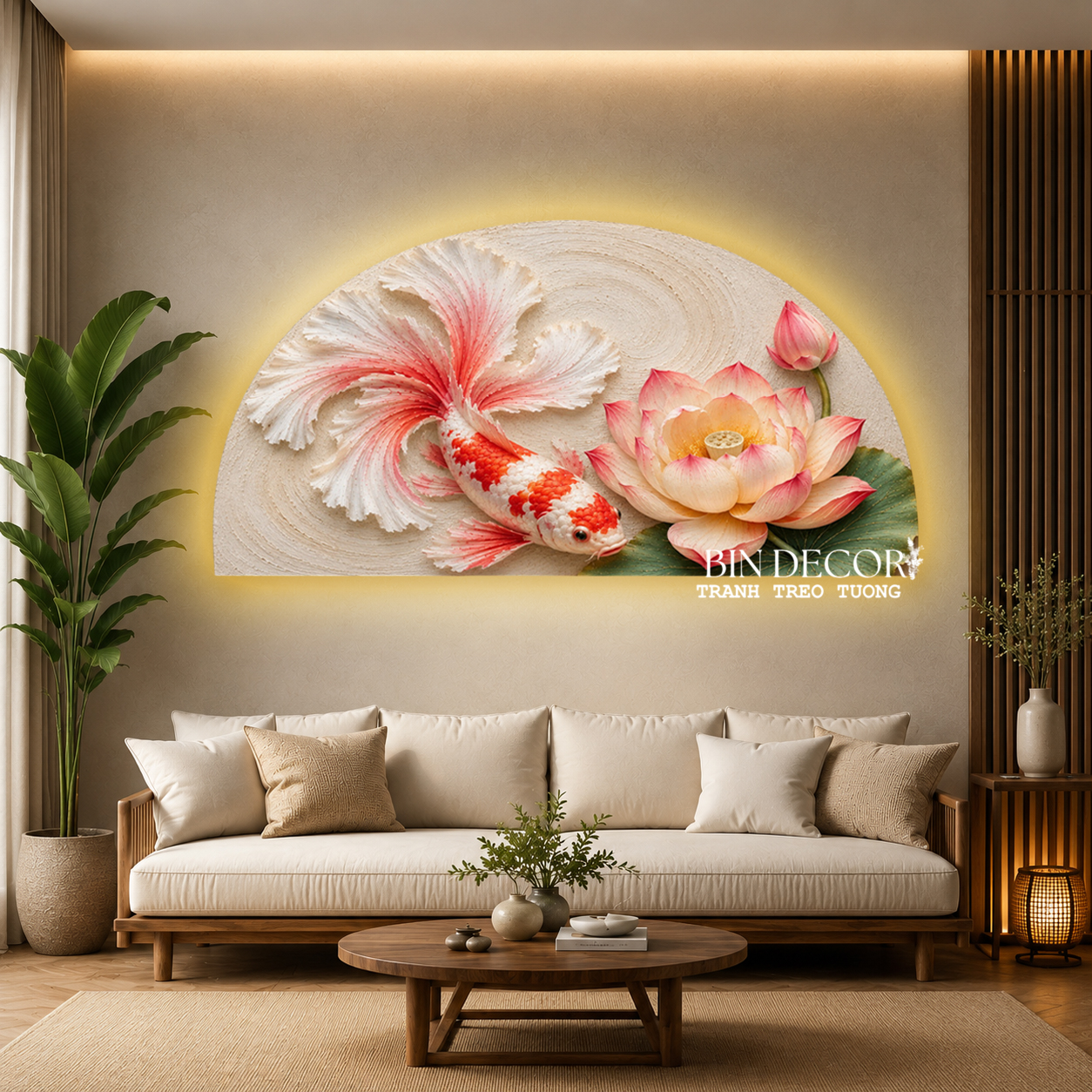 Tranh treo tường đèn led cá và hoa sen 5 trang trí decor kèm đinh
