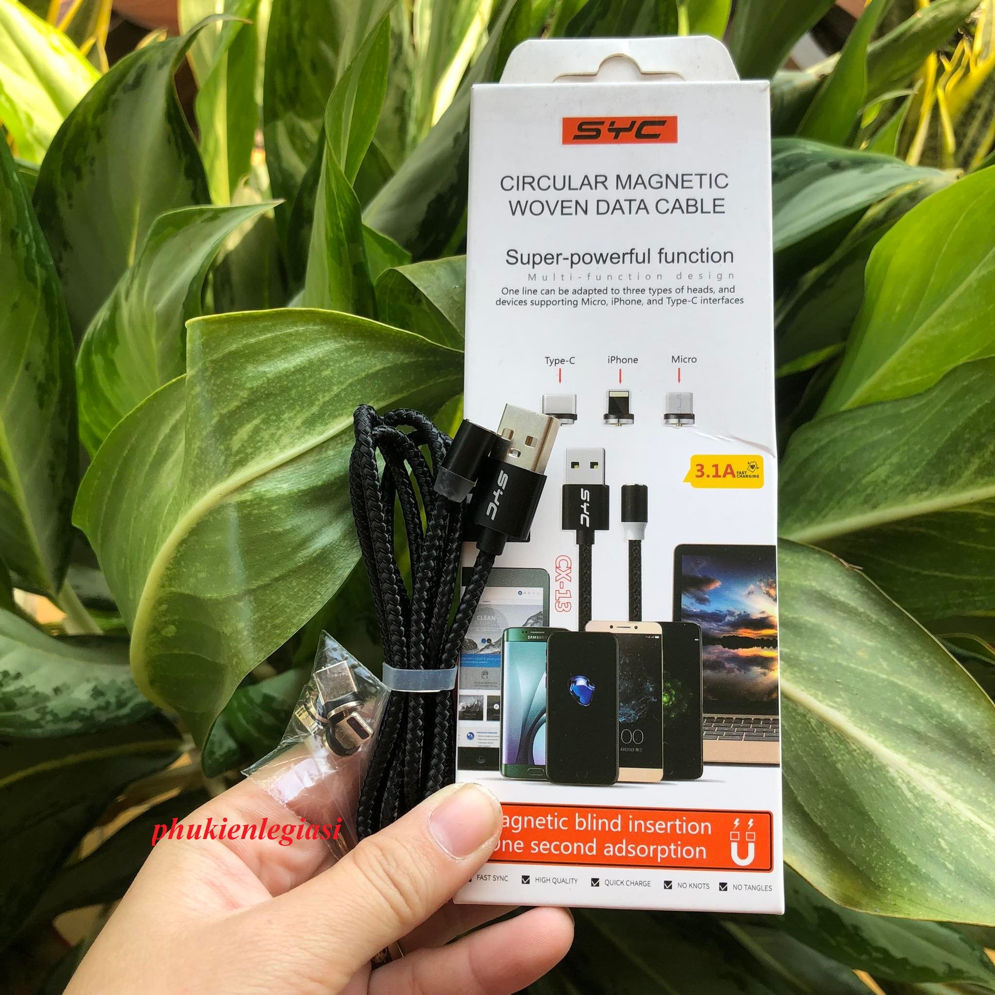 Kèm đầu sạc- cáp sạc từ hút nam châm 3 đầu syc cx13 iphone- micro usb - type c xoay 360 độ dây dù