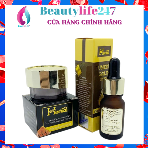 [HCM]Combo kem và serum nghệ dưỡng da thâm mụn nám Herbal Turmeric Gold Mẫu Mới Thái Lan