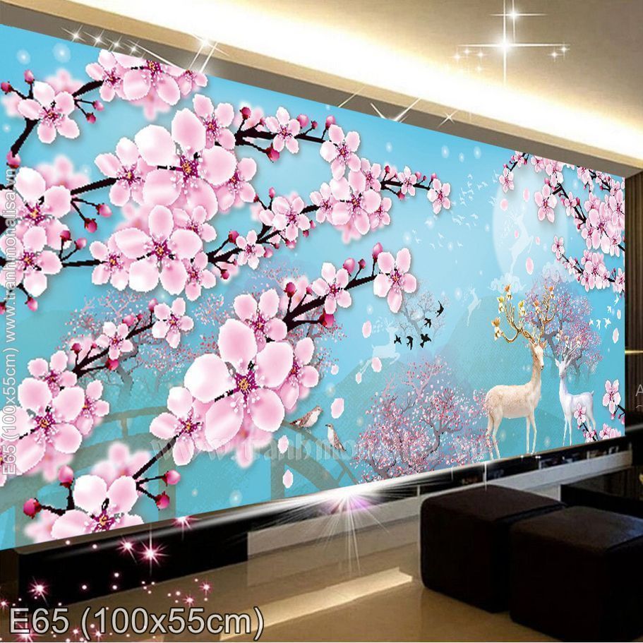 (mẫu đẹp, chưa thêu) Tranh thêu kín Hươu Tài Lộc Hoa Anh Đào 100x55cm