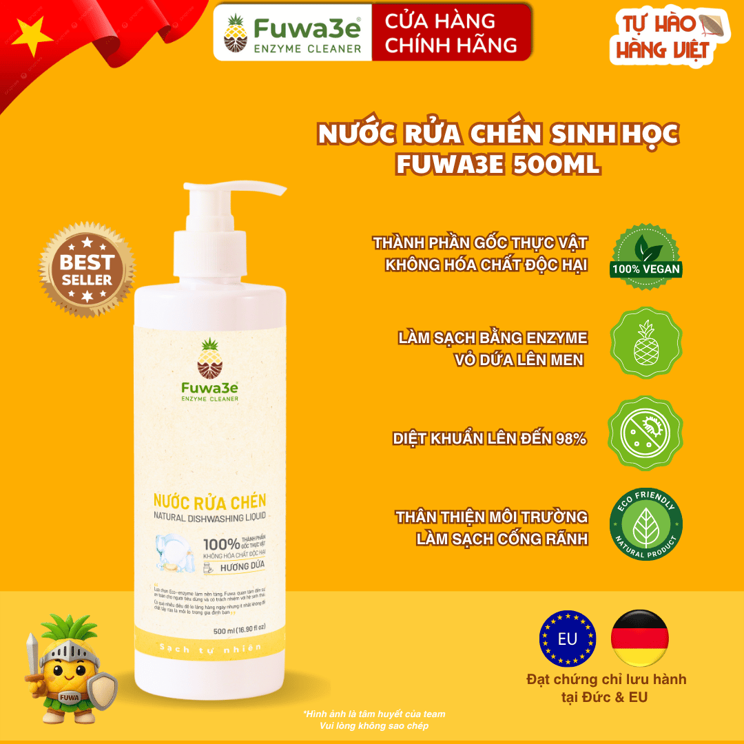 Nước rửa chén hữu cơ FUWA3E enzyme sinh học dứa 500ml/ 100ml –Rửa chén ăn dặm, An toàn cho da,