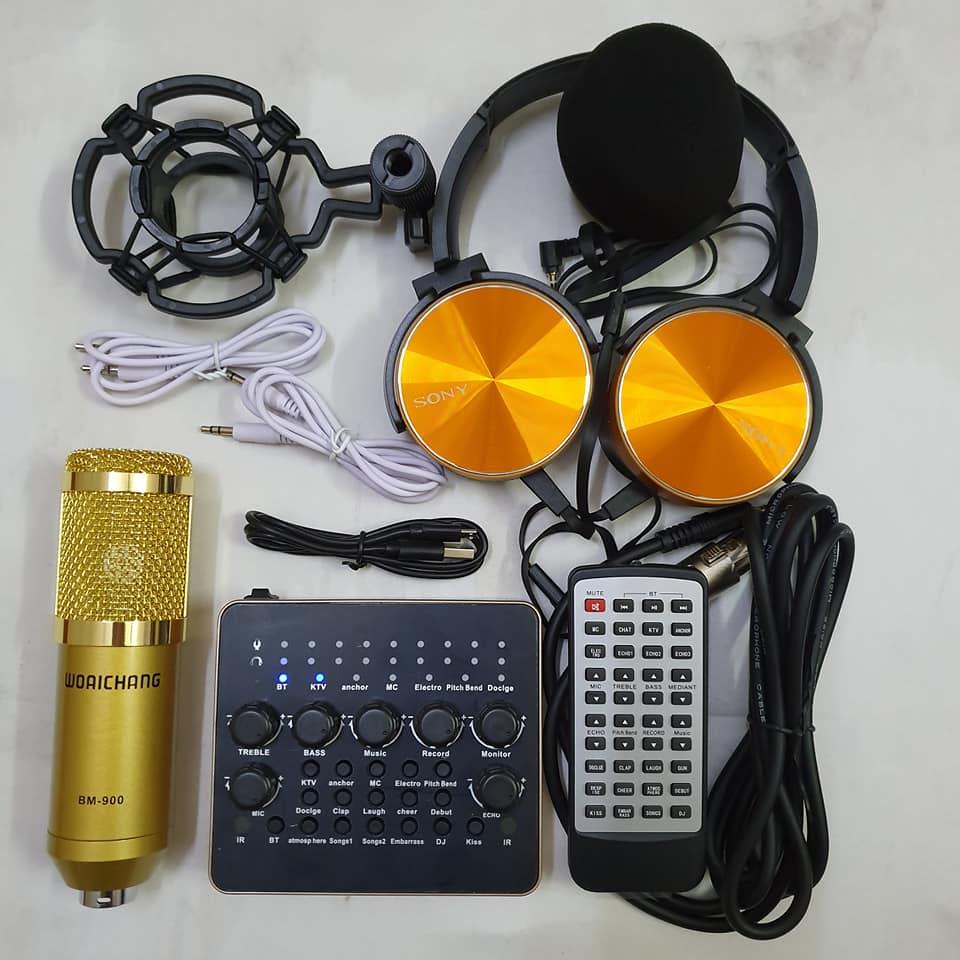 combo míc thu âm livestream hát karaoke livestream online micro BM900 card v10 bluetooth và điều khiển từ xa tặng tai nghe 450