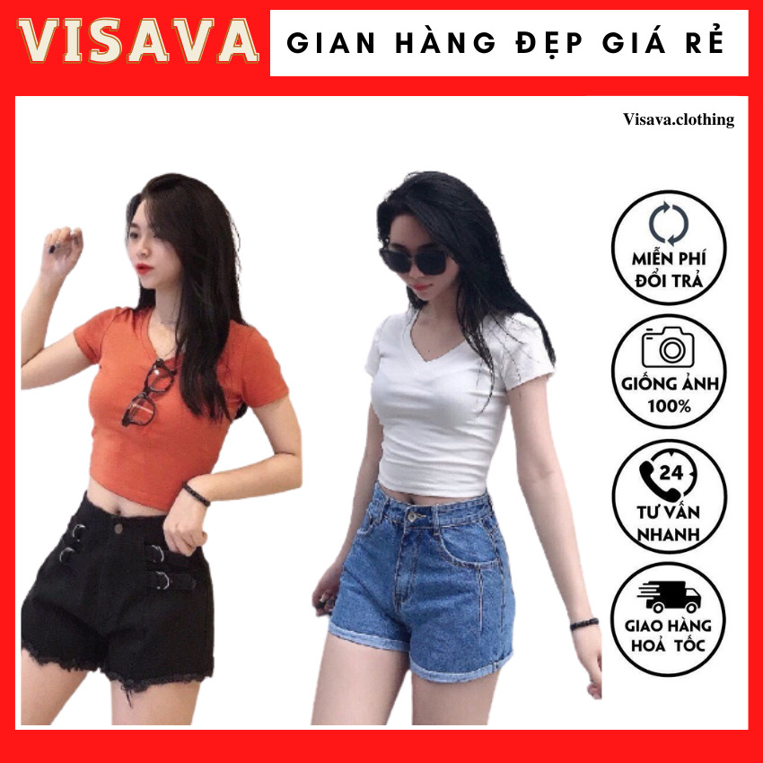 Áo thun nữ visava cổ tim tay ngắn dáng áo phông cộc tay trơn chất cotton mịn mát
