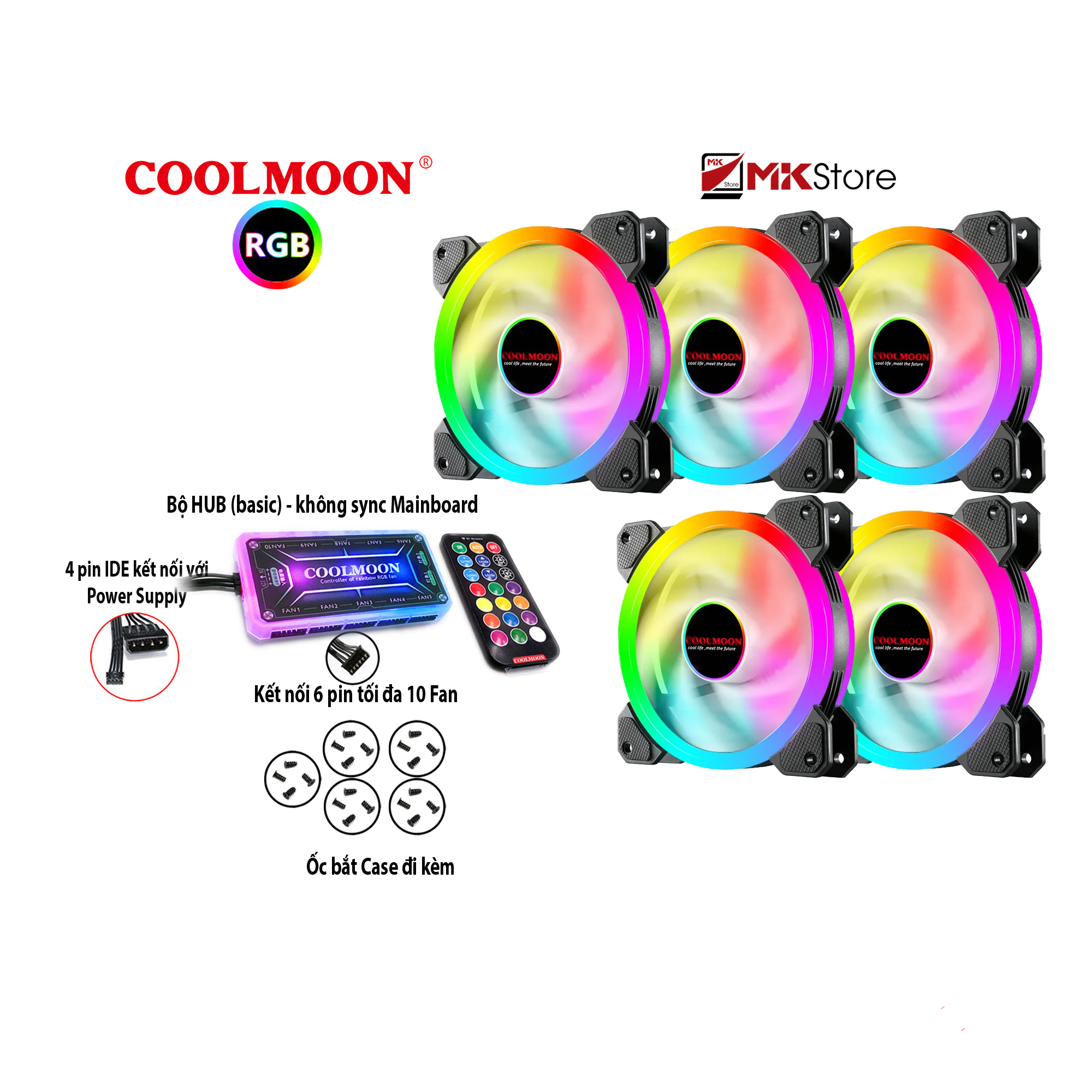 Bộ 5 Quạt tản nhiệt Fan Coolmoon Sunshine v2 6 pin RGB và HUB điều khiển (Basic) MKStore