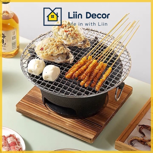 Bếp gang, nướng than hoa, cồn, vỉ nướng bbq nhỏ gọn tặng kèm đế gỗ liin decor