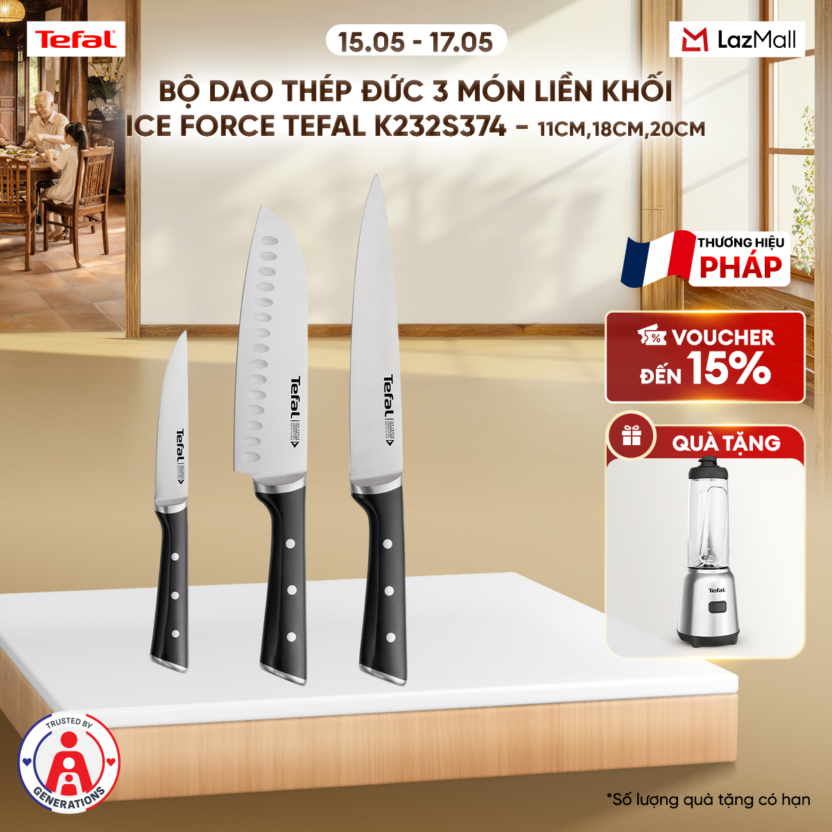 Bộ dao thép Đức 3 món liền khối Ice Force Tefal K232S374, 11cm/18cm/20cm
