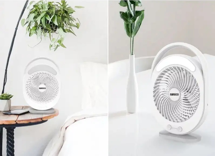 Quạt sạc điện đèn led nanoco nrf6310w - màu trắng, hồng, xanh, có đèn led