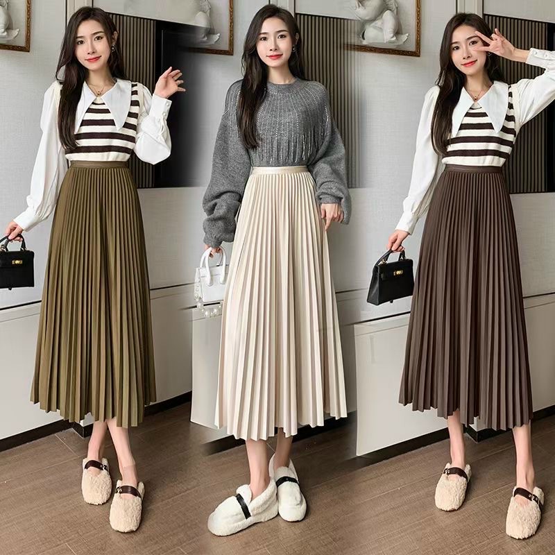 Chân Váy Xếp Ly Chất Đẹp Dáng Váy Xòe Chữ A bo chun form dài hàng chuẩn đẹp