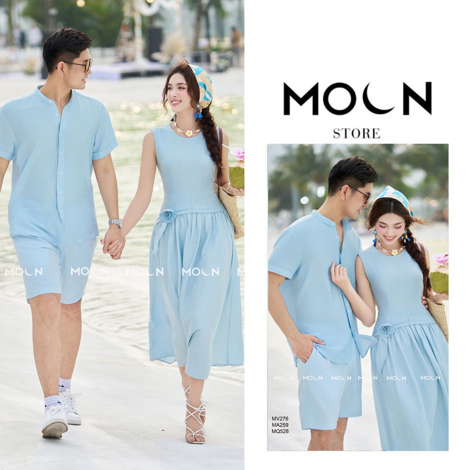 Váy dài đi biển nữ mix quần áo sơ mi ngắn tay nam Moon, áo trơn cổ tàu MA259 váy dài thắt eo MV276 chất đũi xước