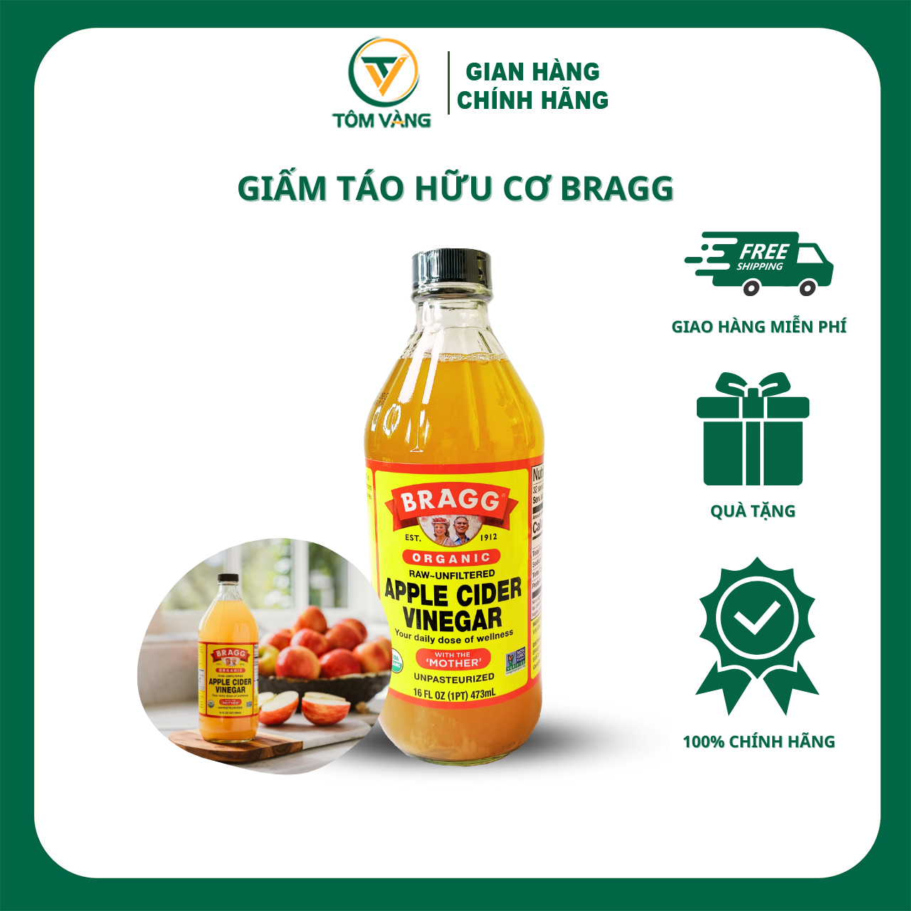 Giấm táo hữu cơ bragg - chai 473ml - tôm vàng - nhập khẩu mỹ