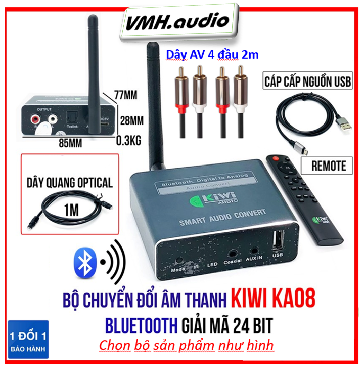 Dac kiwi ka08 - chuyển âm thanh tivi + dây av 2m / chuyển âm thanh optical ra analog tích hợp bluetooth