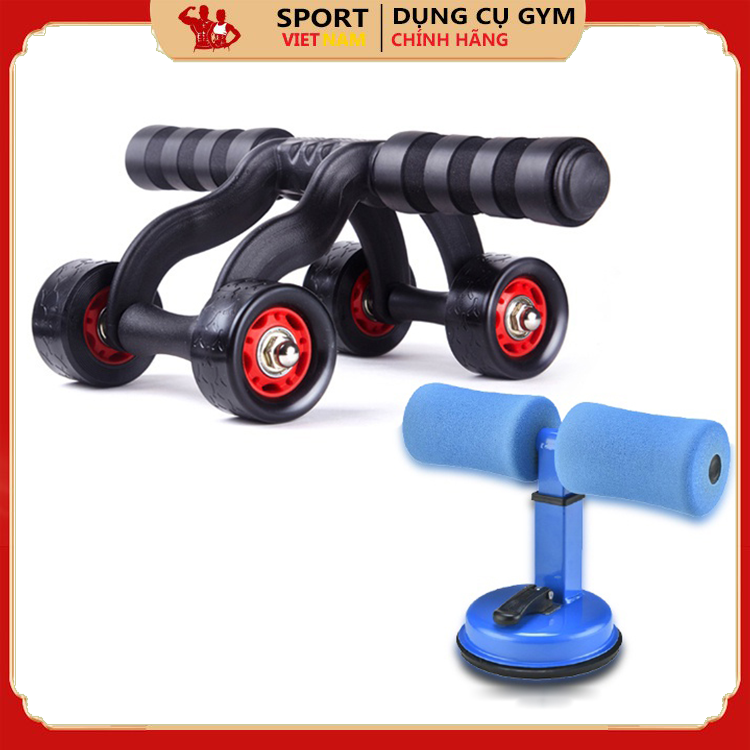 Combo hai sản phẩm tập gym tại nhà hiệu quả con lăn tập bụng 4 bánh, chữ T gập bụng