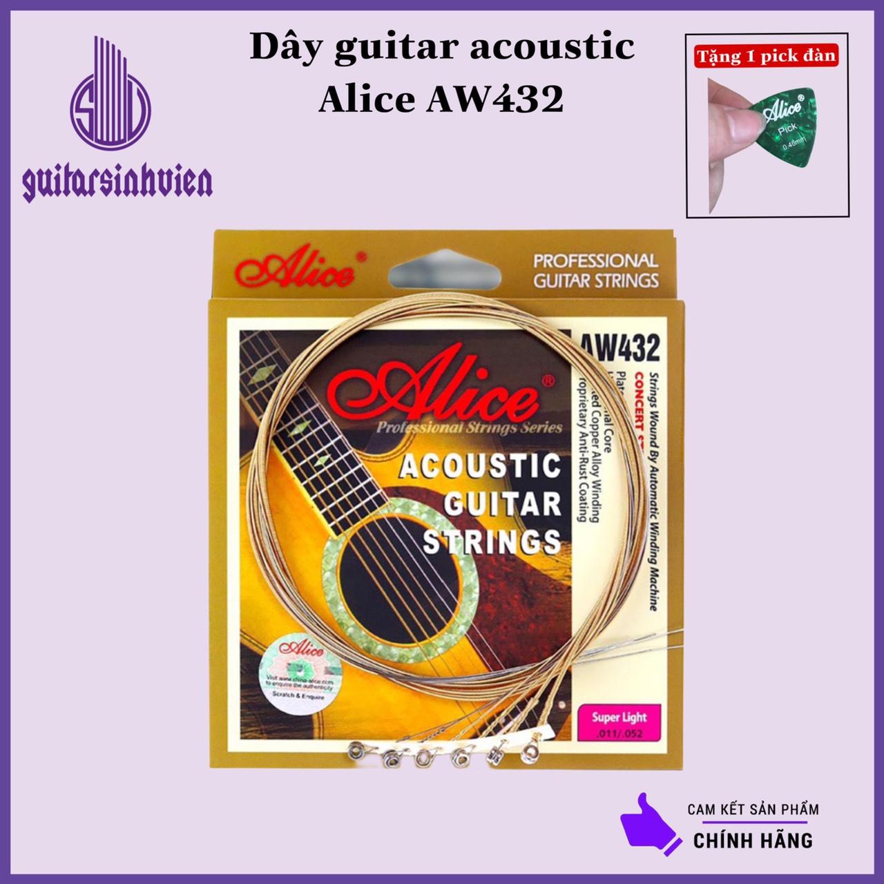 Dây đàn guitar acoustic Alice AW432 - Size 11 - Bộ 6 dây - Tặng 1 pick Alice
