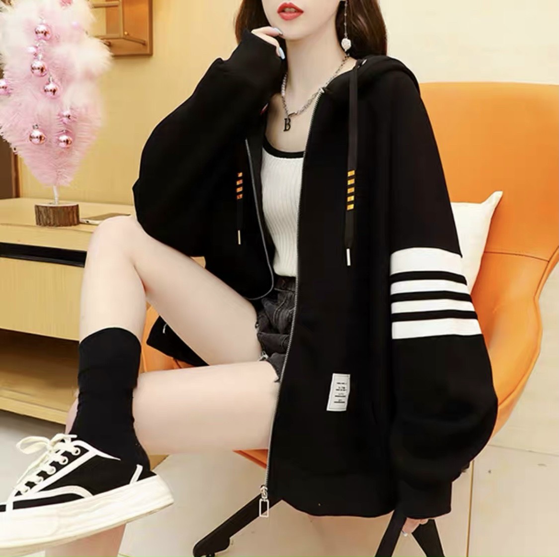 Áo hoodie áo khoác thun nỉ nữ cực đẹp phối 3 sọc tay from rộng dài mềm mịn thoáng mát U342