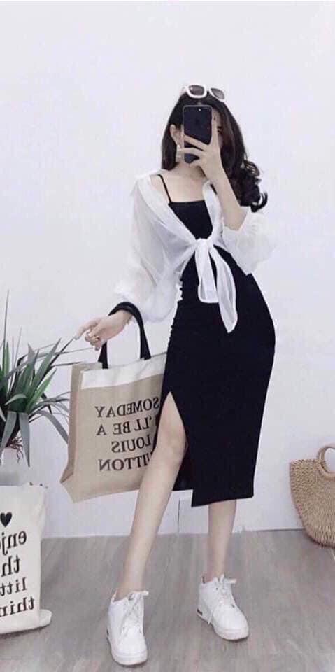 [HCM]ĐẦM 2 DÂY BODY + AO KHOÁC ĐIỆU ĐÀ QUYẾN RỦ VẢI THUN +VOAN M006