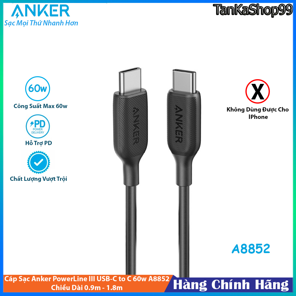 Cáp ANKER PowerLine III USB-C to USB-C 60w A8852 Chiều Dài 0.9m - 1.8m