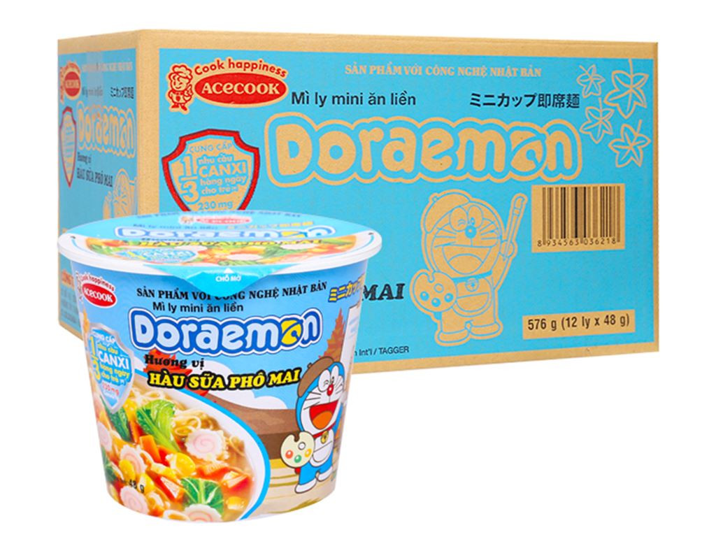 Thùng 12 ly Mì ly mini Doraemon hàu sữa phô mai 48g