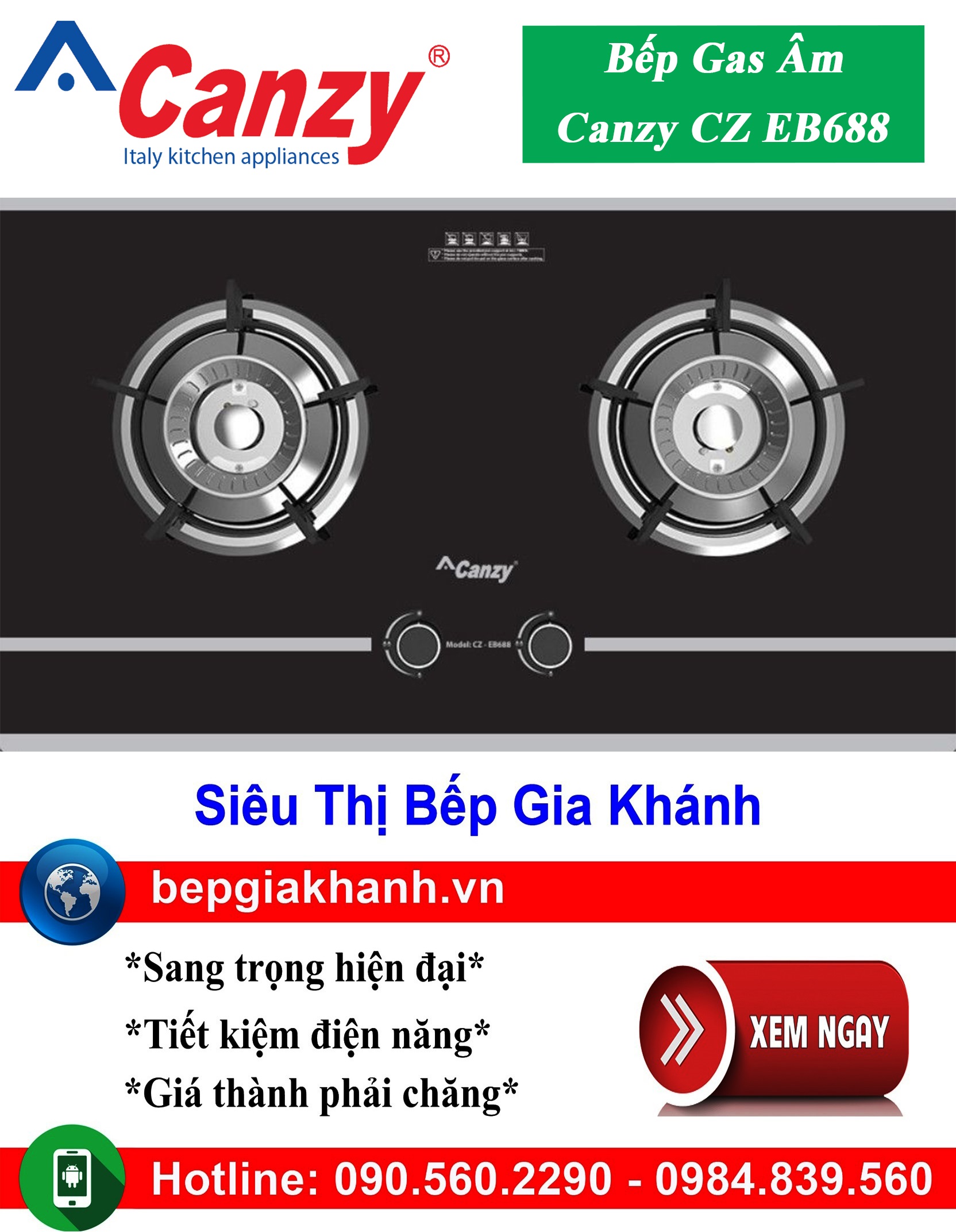 Bếp gas âm 2 vùng nấu Canzy CZ EB688, bếp gas, bếp gas đôi, bếp gas đơn, bếp gas âm, bếp ga, bếp ga đôi, bếp ga đơn, bếp ga âm, bep ga, bep gas