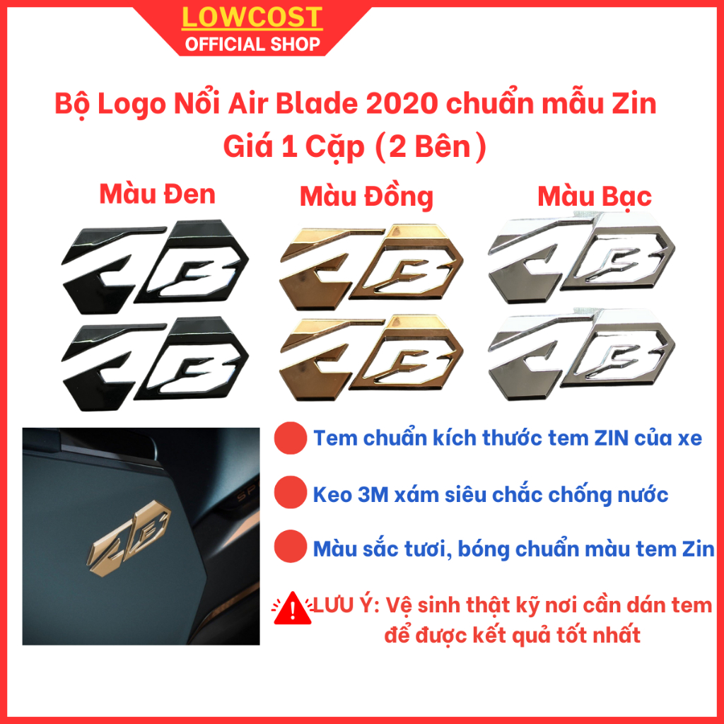 Bộ logo nổi chuẩn mẫu Zin cho Air Blade 2020 màu sắc tươi như tem Zin theo xe