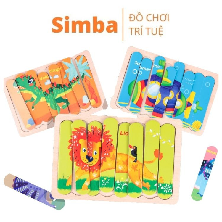Xếp hình que kem gỗ thông minh set 8 tranh ghép in hình 2 mặt đồ chơi simba xếp hình cho bé
