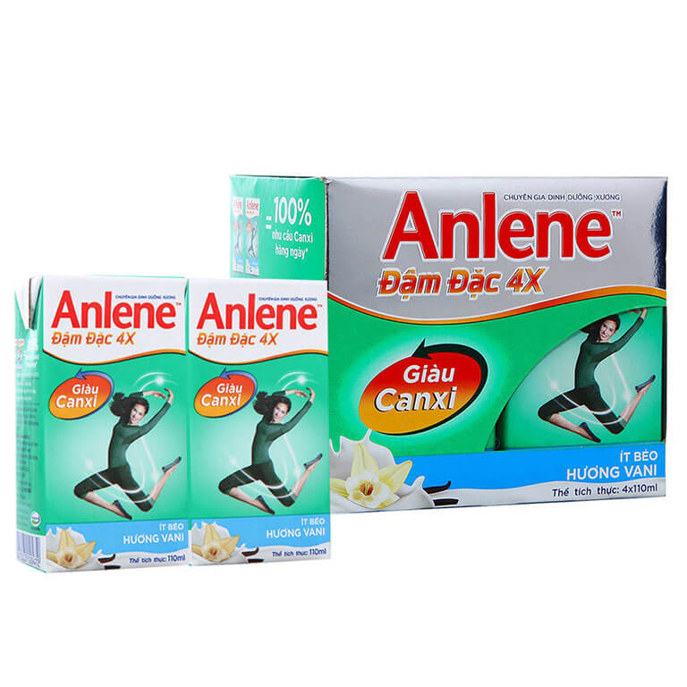 Sữa Anlene nước Đậm đặc 4X hương Vani/Socola 110ml x 4 Hộp