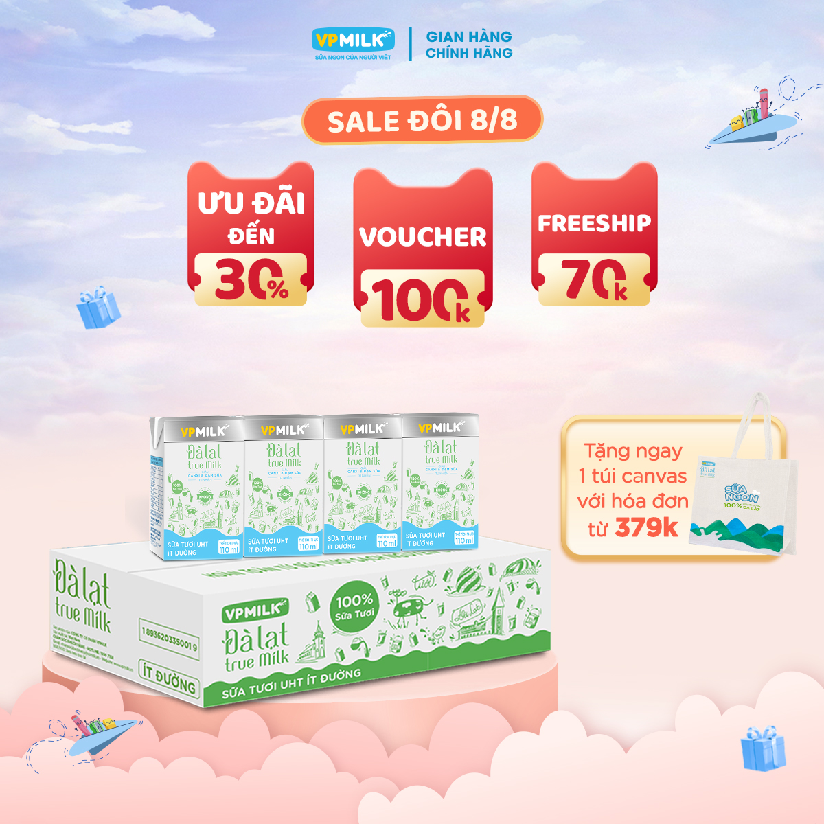 Sữa tươi nguyên chất uht đà lạt true milk ít đường