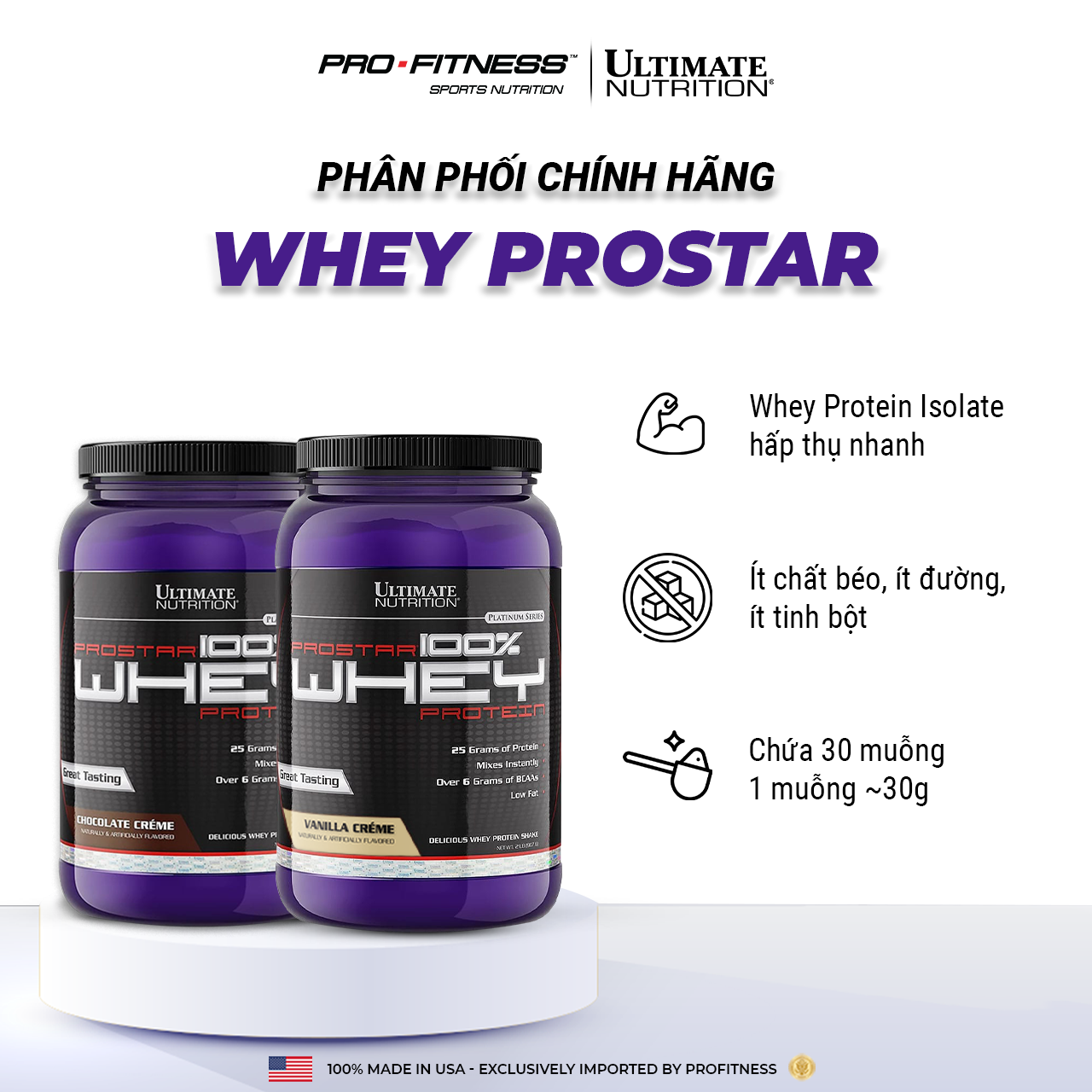 Whey Protein tăng cơ giảm mỡ Prostar 100% Ultimate Nutrition - Whey Isolate cao cấp hấp thụ protein
