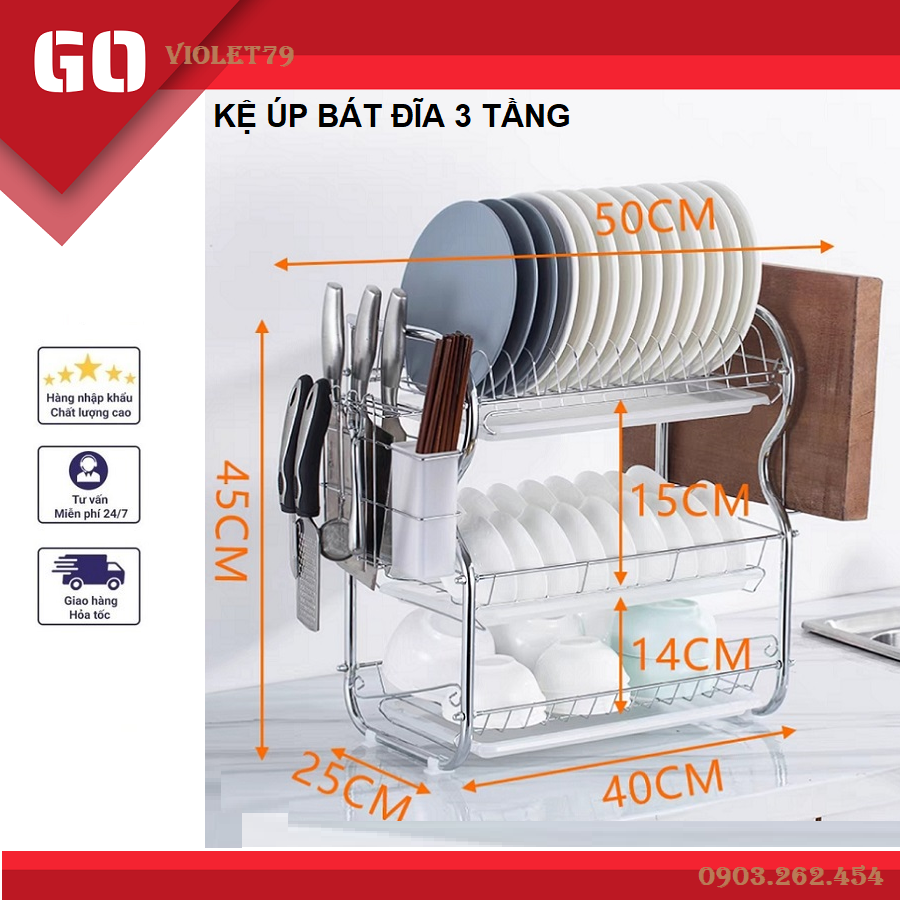 Kệ úp bát đĩa 3 tầng, chất liệu inox, kích thước 42x25x44cm, tặng kèm ống để dao đũa, kệ úp chén đĩa
