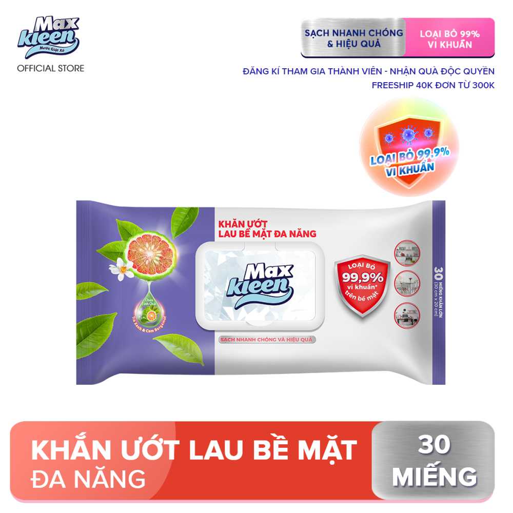 Khăn Ướt Lau Bề Mặt Đa Năng MaxKleen 30 miếng