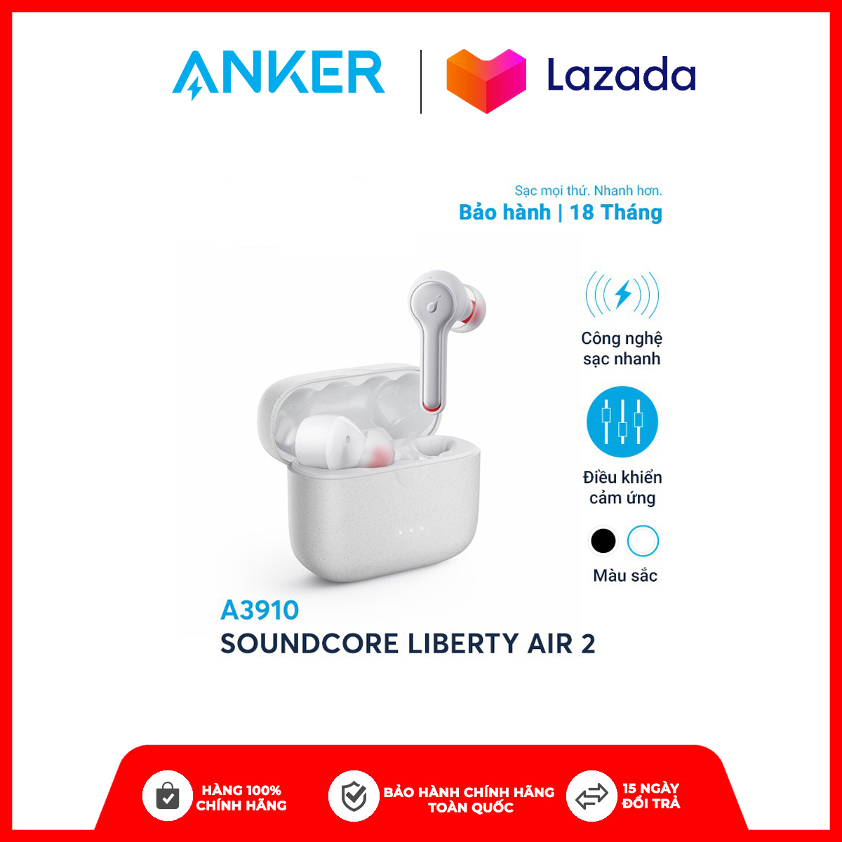 Tai nghe bluetooth SOUNDCORE Liberty Air 2 by Anker Cảm ứng Chạm Nghe nhạc 7/28h Công nghệ sạc nhanh Micro Chống ồn- A3910