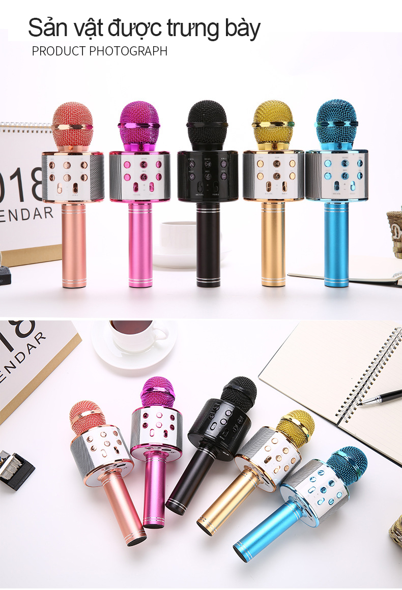 Mic kèm loa bluetooth WS-858 đa năng 3 trong 1, mic hát blutooth karaoke tặng kèm dây sử dụng