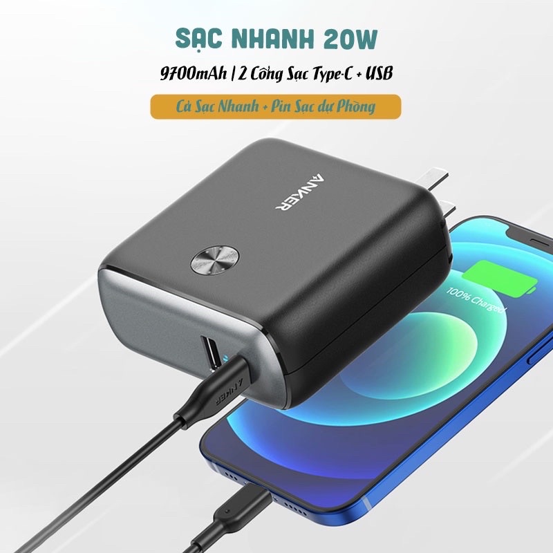 Pin sạc dự phòng kiêm củ sạc nhanh anker powercore fusion 10.000mah type c - a1623 20w pd