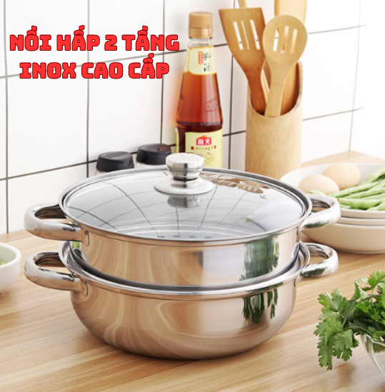 Nồi hấp 2 tầng, xửng hấp cách thủy inox 28cm đa năng cao cấp có nắp kính - xửng hấp 2 tầng cao cấp - nồi hấp hơi lớn