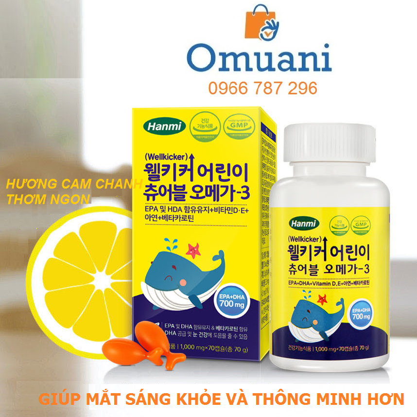 Viên kẹo nhai dầu cá omega 3 cho trẻ em Hanmi Wellkicker – Hàn Quốc - hộp 70 viên
