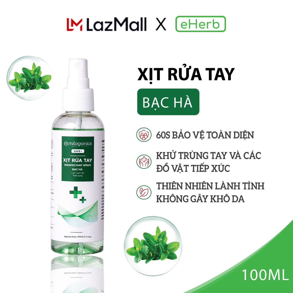 Nước rửa tay khô xịt khuẩn tuyệt đối hương bạc hà milaganics, xịt rửa tay sát khuẩn an toàn cấp ẩm không khô da 250ml - eherb