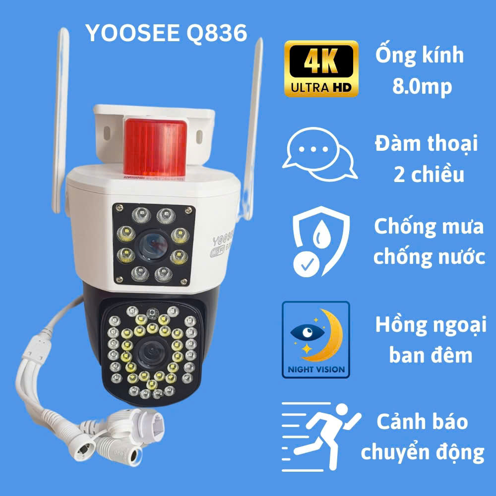 Camera YooSee Q836 2 mắt Xoay 360 Độ 4K siêu nét, Có đèn báo động, Góc rộng - Đàm thoại 2 chiều, phát hiện chuyển động