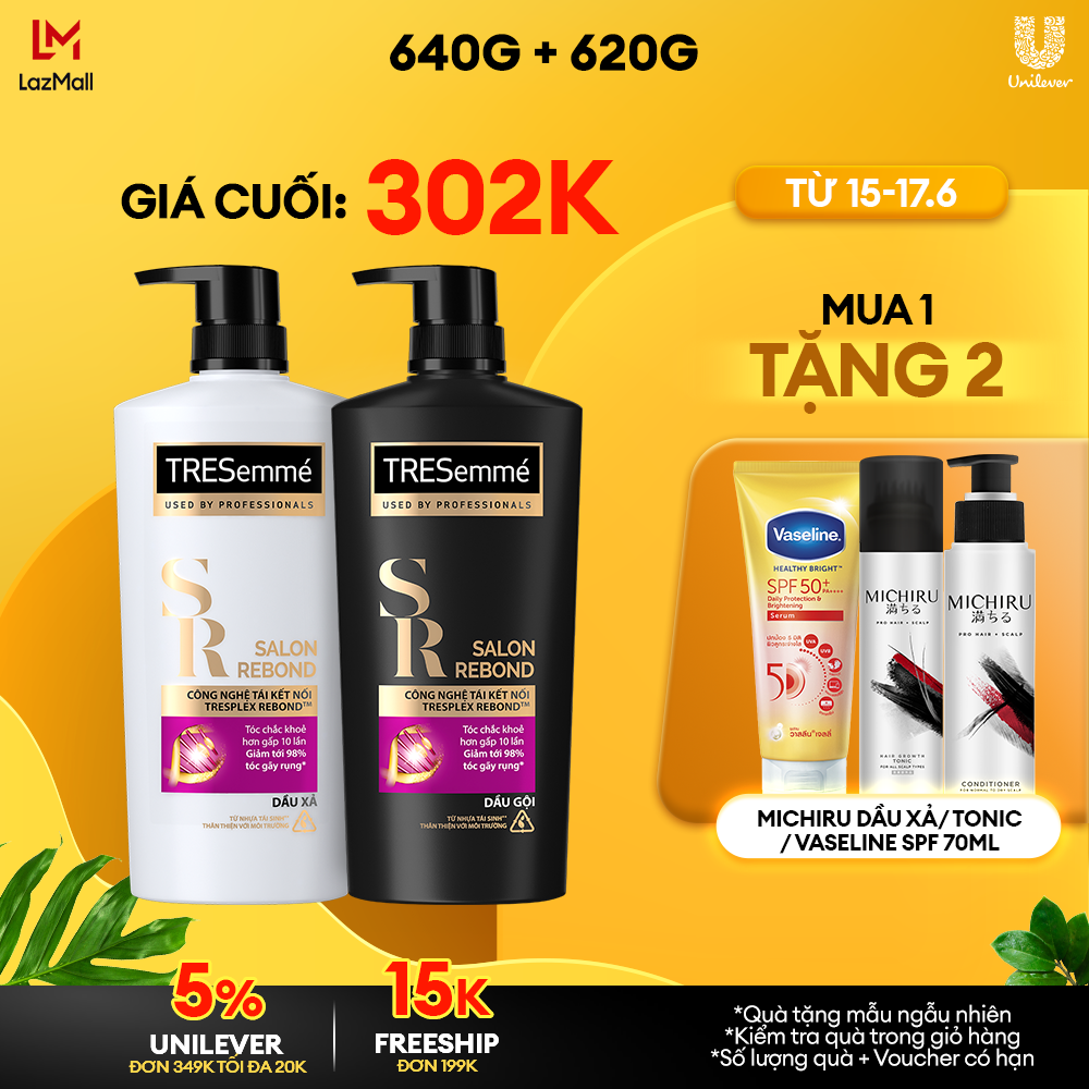 Combo Dầu Gội Dầu Xả TRESEMME Salon Rebond Cho tóc hư tổn do tạo kiểu Công Nghệ Tái Kết Nối Giúp ngăn gãy rụng tóc 640g 620g