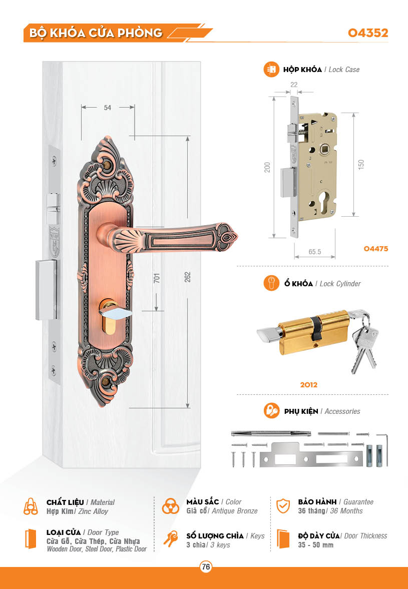 KHÓA TAY GẠT VIỆT TIỆP 04352 - KHÓA CỬA PHÒNG