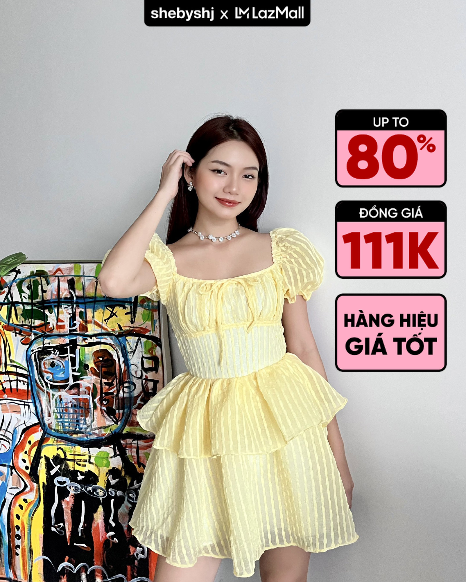 Đầm xoè SheByShj 2 tầng tay phồng màu vàng - Dahlia Dress