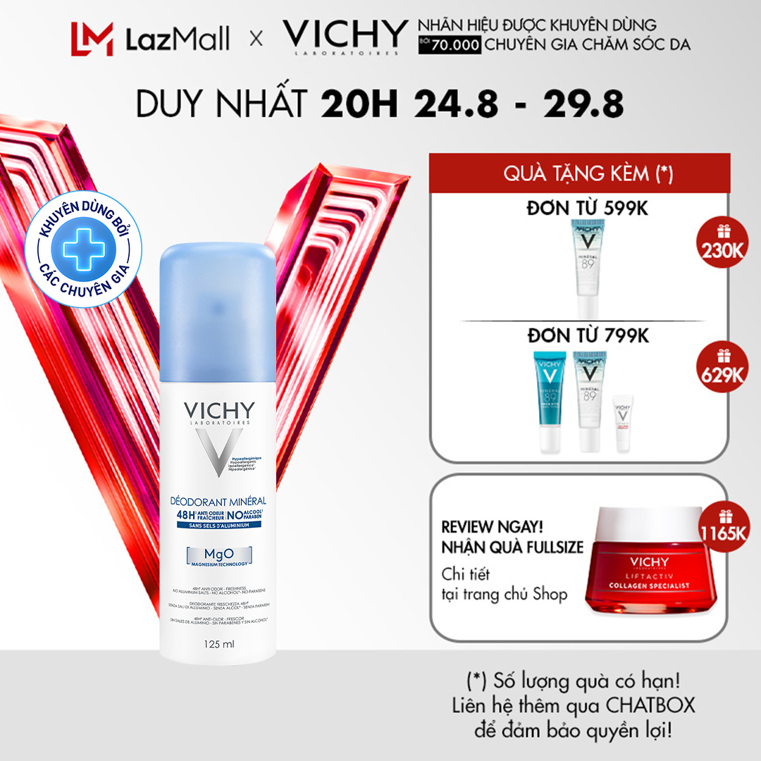 Xịt khử mùi & khô thoáng vùng da dưới cánh tay giàu khoáng Vichy Deodorant Mineral