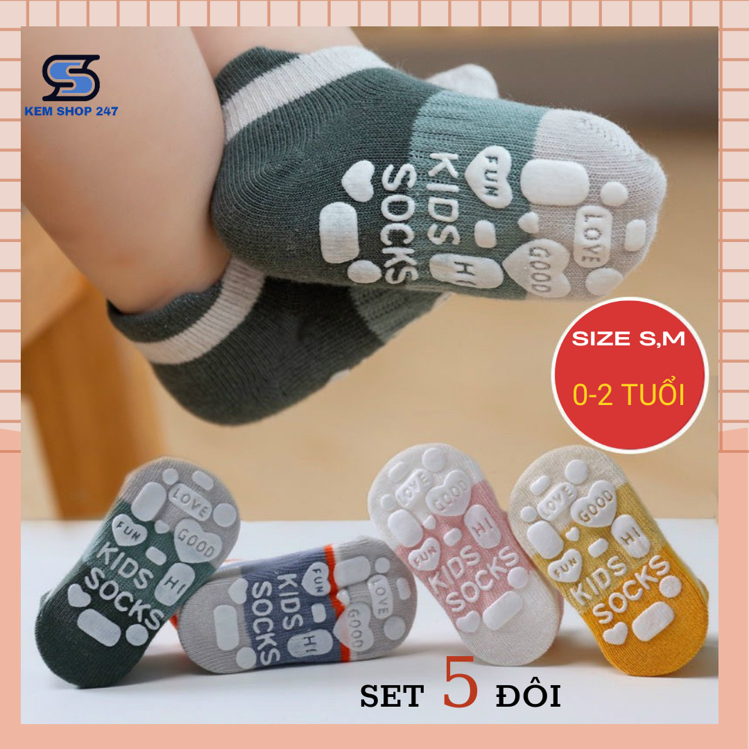 Set 5/Set 10 đôi tất/vớ trẻ em sơ sinh 0-2 tuổi chống trượt chất liệu dày dặn,mềm mịn