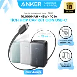 [Nano] Sạc dự phòng Anker Nano 10.000mAh | Công suất 45W | 2 cổng 1C1A | Tích hợp cáp USB-C rút gọn | Sạc được 3 thiết bị cùng lúc | Siêu nhỏ gọn | sạc nhanh công nghệ PD, ActiveShield3.0 - A1638