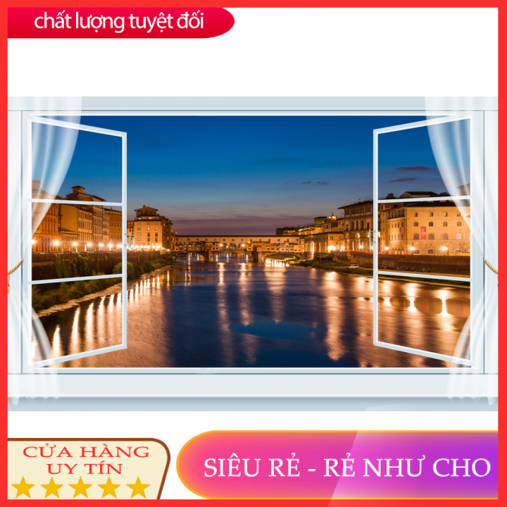 Tranh dán tường 3d phòng khách cửa sổ